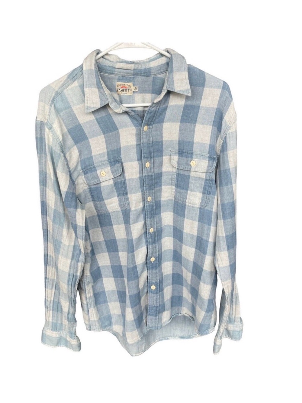Faherty Flannel Shirt Womens Large Blue White Check Long Sleeve Button Up Casual